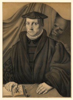 Portrait of a man with a skeleton behind him, a scholar behind whom death lurks, historical,