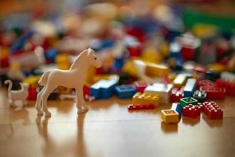 Various coloured Lego building blocks, horse, cat, lying on floor, parquet, Stuttgart,