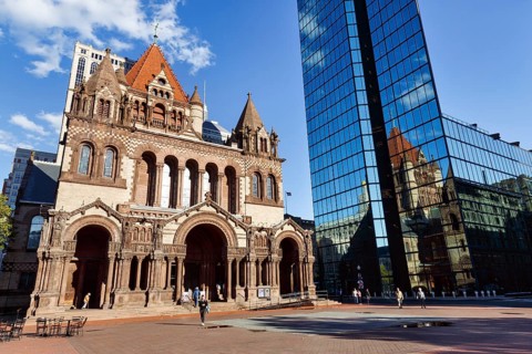 Trinity Church and John Hancock Tower, various architectural styles at Copley Square, passers-by,