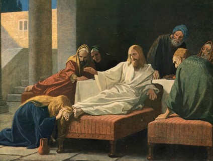 Scene from the biblical story, The biblical story in which a woman dries Jesus' feet with her hair,