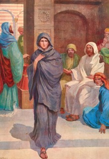 Scene from the biblical story, the sacrifice of the widow, a well-known biblical story about a poor