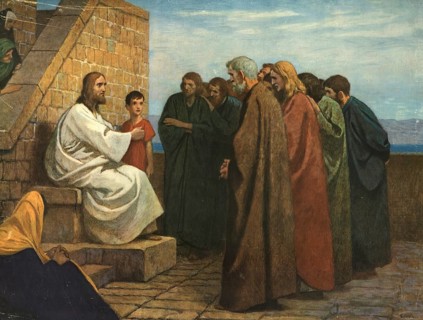 Scene from the biblical story, Jesus truly says I say to you: If you do not repent and become like