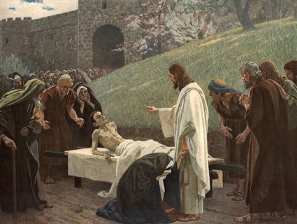 Scene from the biblical story, The Widow's Son, story from the Gospel of Luke, in which Jesus