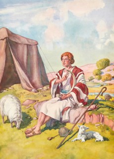 Scene from the biblical story, story of the shepherds in the field describing how angels announce