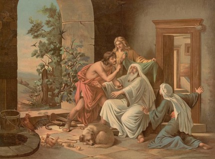 Scene from the biblical story, The Healing of Tobias, the story of how the young Tobias, led by the
