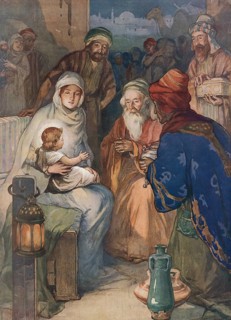 Scene from the biblical story, the Magi or the Three Wise Men from the East, authentic reproduction
