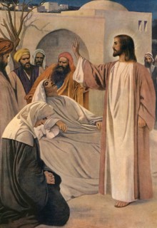 Scene from the biblical story, The Widow's Son, story from the Gospel of Luke in which Jesus raises