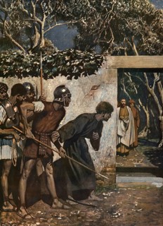 Scene from the biblical story, betrayal and capture of Jesus, authentic reproduction of a school