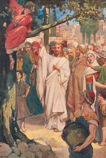 Scene from the biblical story, Zacchaeus lived in Jericho and was a chief tax collector. In this