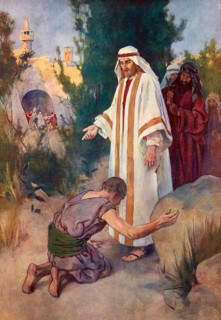 Scene from the biblical story, The story of the ten lepers, lepers, authentic reproduction of a
