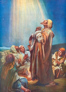 Scene from the biblical story, story of the shepherds in the field describes how angels announce