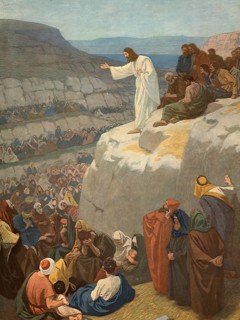 Scene from the biblical story, The Sermon on the Mount, authentic reproduction of a school mural,