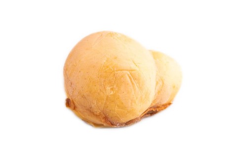 Smoked Mozzarella cheese, with tomatoes and olives isolated on white background, side view, copy