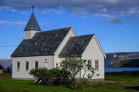 Nordfjord church on Ytre Syltefjord in natural, peaceful surroundings, Nordfjord, Båtsfjord,