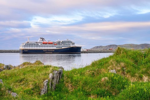 Cruise ship Havila Capella of Havila Kystruten competitor to Hurtigruten in Berlevag harbour,
