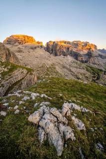 View of rocky mountain peaks of the Brenta Mountains at sunset, Alpenglühen, mountain landscape on