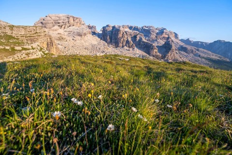 View of rocky mountain peaks of the Brenta Mountains in the evening light, mountain landscape on