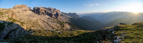 Panorama, view of rocky mountain peaks of the Brenta Mountains in the evening light, sunset over