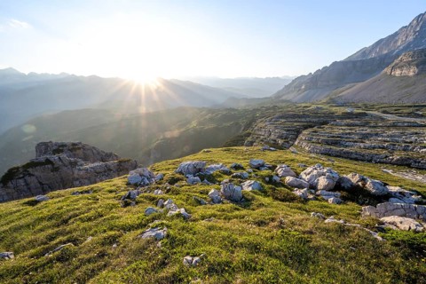 Sunset over the Adamello Group, mountain landscape on the Grosté Plateau, Brenta Mountains,
