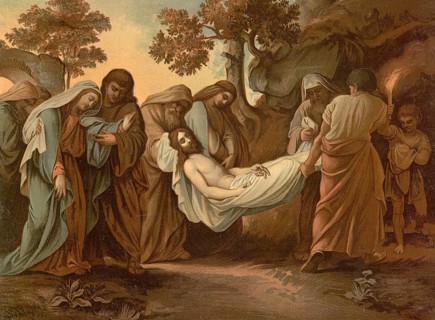 Scene from the biblical story, The Burial of Jesus Christ, authentic reproduction of a school