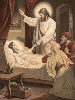 Scene from the biblical story, story of the raising of the daughter of Jairus, authentic