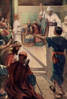 Scene from the biblical story, The Arrest and Trial of Jesus, authentic reproduction of a school