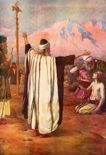 Scene from the biblical story, A story in which God instructed Moses to make a copper snake that