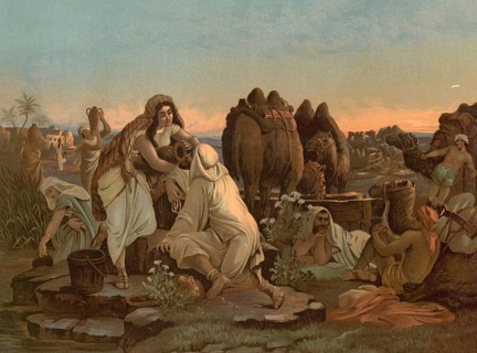 Scene from the biblical story, The story of Rebekah and Eliezer is a central narrative in the