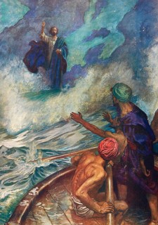 Scene from the biblical story, Christ walking on water or Esus walking across water, a well-known
