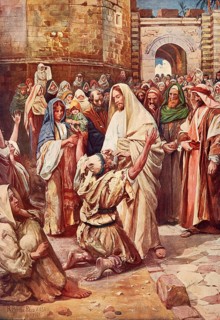 Scene from the biblical story, The story of blind Bartimaeus means that he was a begging,