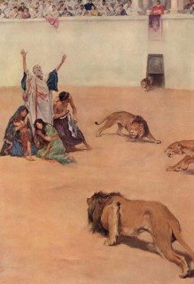 Scene from biblical story, early Christian martyrs in the arena with wild animals, Rome, authentic