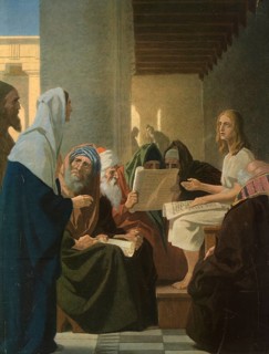 Scene from the biblical story, The story of Jesus as a twelve-year-old in the temple is the only