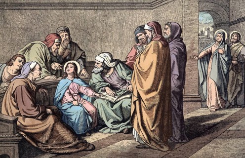 Scene from the biblical story, The story of Jesus as a twelve-year-old in the temple is the only