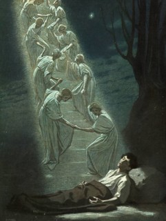 Scene from the biblical story, Jacob's dream, the biblical story of Jacob's Ladder, in which Jacob