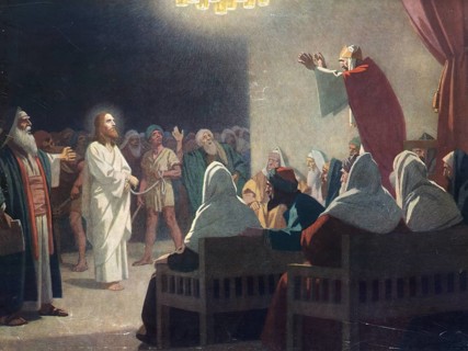 Scene from the biblical story, The Interrogation of Jesus by the High Priest, authentic