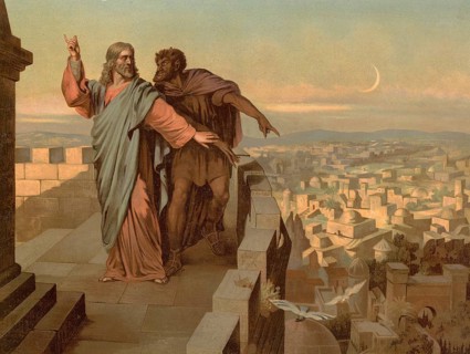 Scene from the biblical story, The Temptation of Jesus by the Devil, authentic reproduction of a
