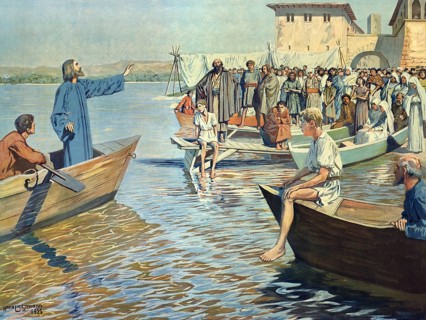 Scene from the biblical story, Jesus preaching at the lake, authentic reproduction of a school