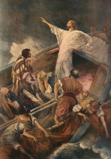 Scene from the biblical story, The story of Jesus sleeping on the Sea of Galilee during a storm is