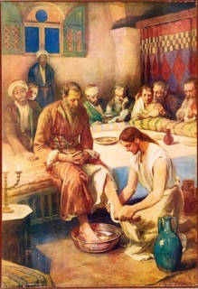 Scene from the biblical story, Jesus washing the feet of his disciples or The washing of feet,