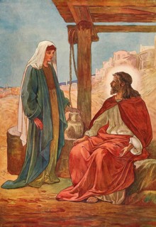 Scene from the biblical story, Jesus at the well, biblical story in which Jesus wearily meets a
