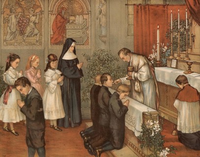 Scene from the biblical story, First Communion or First Holy Communion, a festive Catholic ceremony