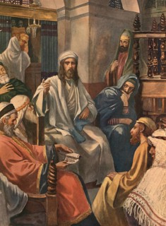 Scene from the biblical story, Jesus in the synagogue of Nazareth, authentic reproduction of a