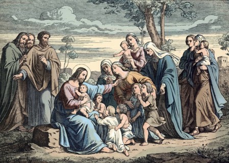 Scene from the biblical story, Jesus Blessing the Children, authentic reproduction of a school