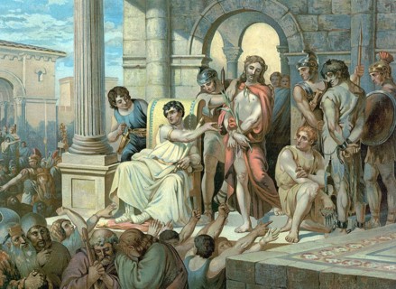 Scene from the biblical story, Jesus in front of Pilate, describes how the chief priests hand Jesus