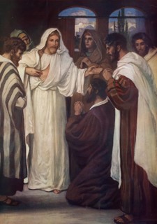 Scene from the biblical story, Jesus and the Apostle Thomas are central figures in the New