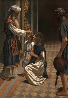 Scene from the biblical story, The story of Anna and her son Samuel with the priest Eli is a