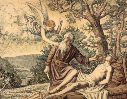 Scene from the biblical story, Isaac's sacrifice, as Abraham tied up his son Isaac but did not kill