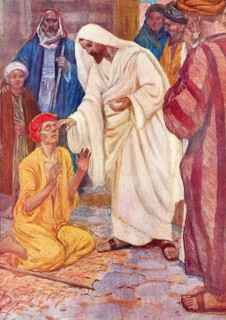 Scene from the biblical story, Jesus healing a blind man, authentic reproduction of a school mural,