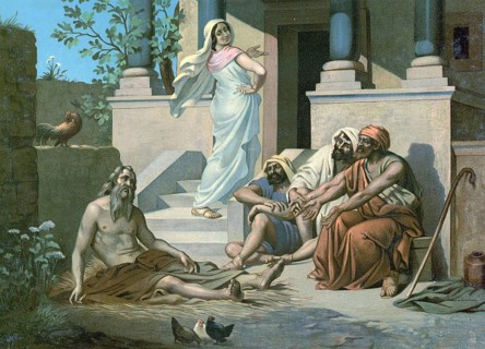 Scene from the biblical story, Job's patience is tested, authentic reproduction of a school mural,