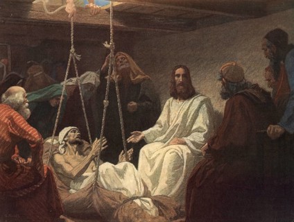 Scene from the biblical story, Jesus healing a crippled person, authentic reproduction of a school